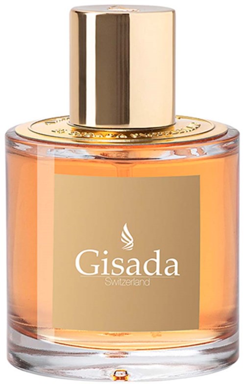 Een parfumfles met gouden dop en een licht amberkleurige vloeistof, label 'Gisada Zwitserland'.