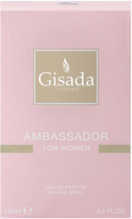 Een roze parfumdoos met een goud- en wit logo en tekst voor 'Ambassador for Women' door Gisada. 100 ml.