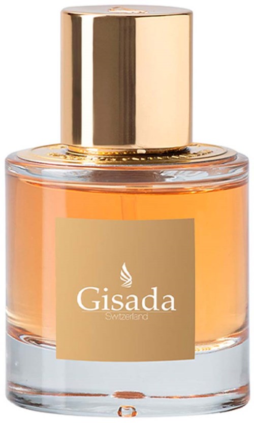 Een glazen parfumfles met een goudkleurige dop en een beige label met de tekst "Gisada".