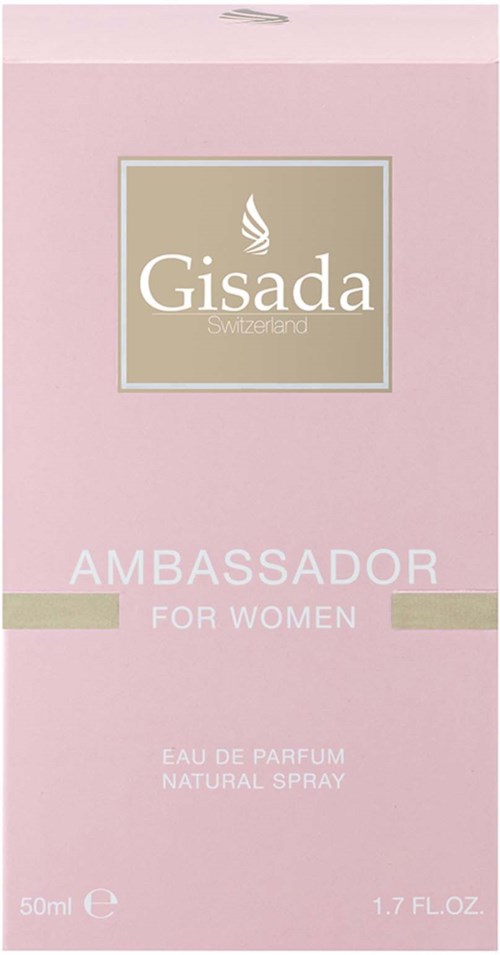 Roze verpakking met gouden en witte tekst, promotie van Gisada parfum voor vrouwen, 50ml.