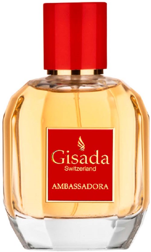 Een parfumfles met een rode dop, een doorzichtige lichaams, en een rood label met de tekst Gisada Switzerland Ambassadora.