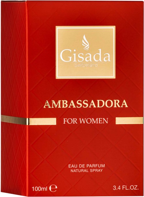 Gisada Zweden Ambassadora parfumdoos voor vrouwen, rode kleur, gouden logo en tekst met parfumdetails.