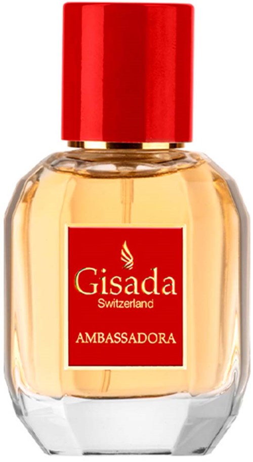 Een parfumfles met een rood deksel en rood label met de tekst "Gisada Switzerland AMBASSADORA."