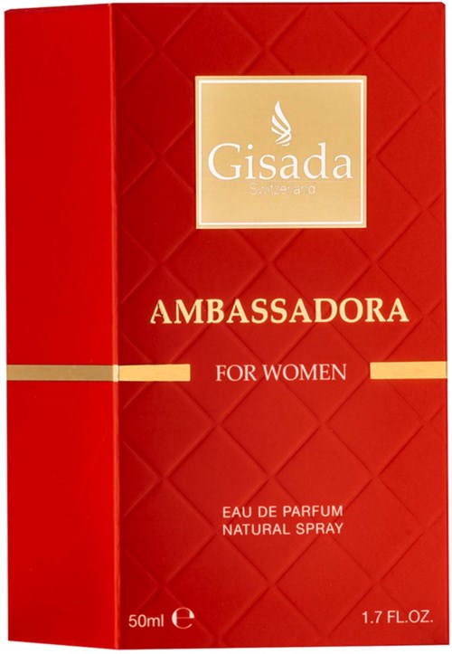 Een rood perfumeboxje met merk "Gisada" en "Ambassadora for Women," met gouden accenten en parfumomschrijving.