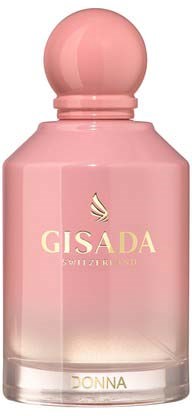 Roze parfumfles met ronde dop en gouden tekst 'GISADA' en 'DONNA'.