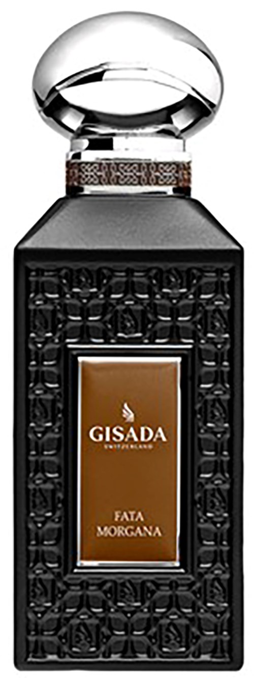 Een parfumfles met een zwart getextureerde body, een zilveren dop en een gouden label met 'GISADA' en 'FATA MORGANA.'