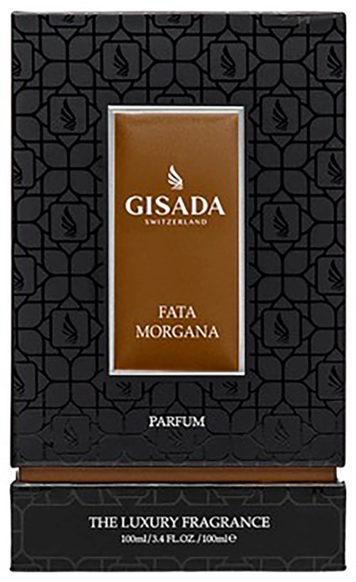 Een zwart doosje met goud- en witte tekst en patroon, bevat een parfum genaamd Fata Morgana door Gisada Switzerland.