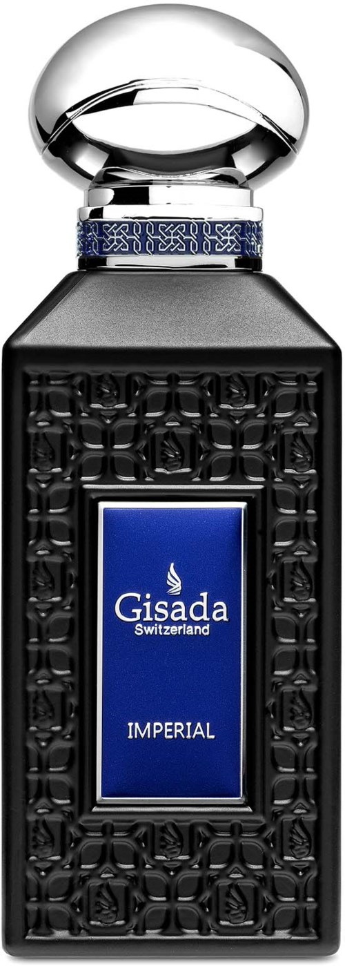 Een zwarte parfumfles met een zilverkleurige, bolvormige dop en een patroonband vlak onder de rand. Label zegt "Gisada Imperial," uit Zwitserland.