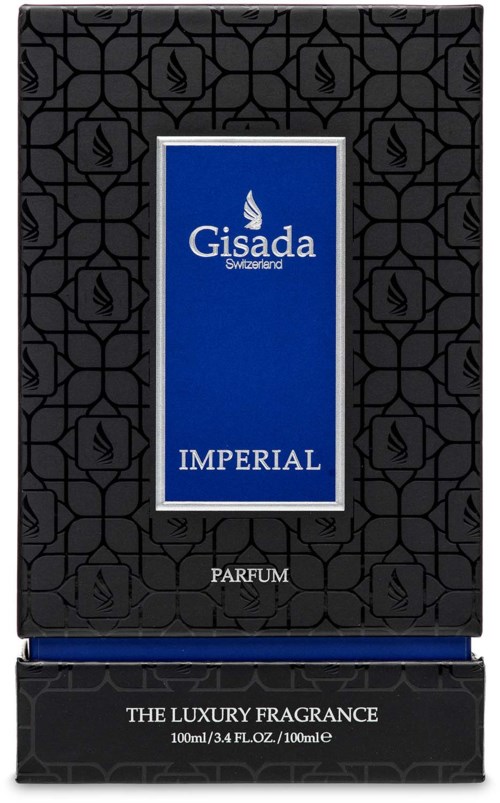 De doos is zwart met een patroon, met een blauw label dat 'Gisada Switzerland' en 'Imperial Parfum' zegt.