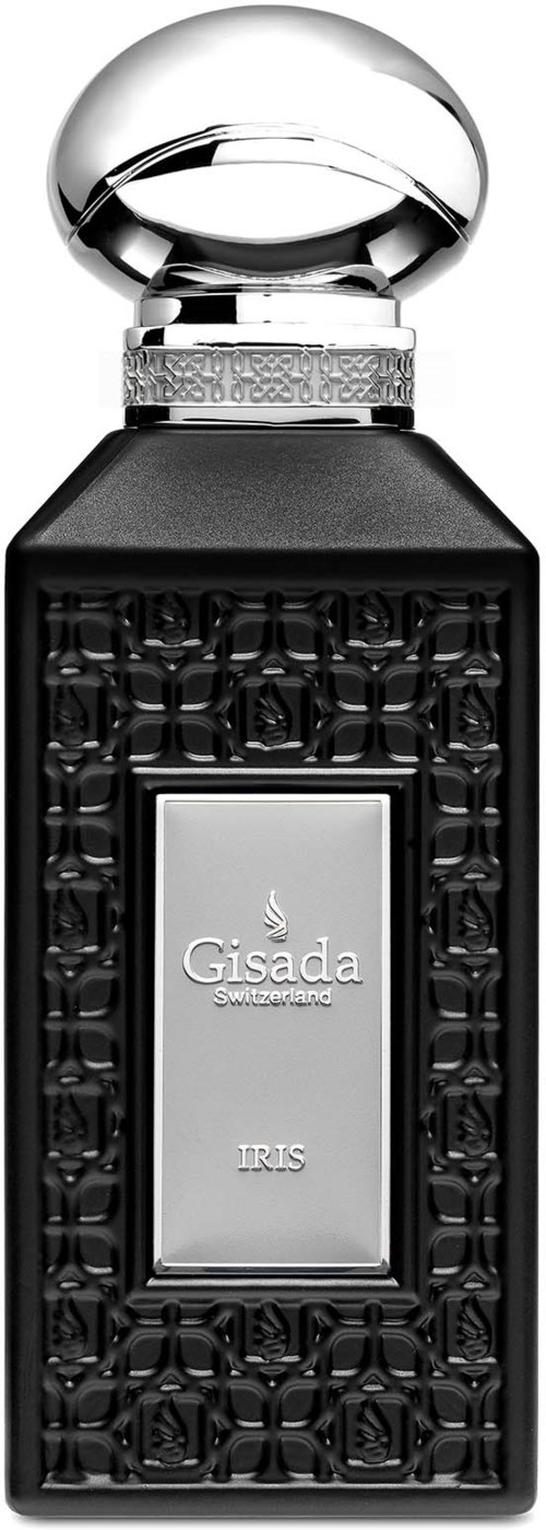 Een zwart parfumflesje met een glanzende, zilverkleurige ronde dop en een decoratief patroon op het lichaam. Het zegt Gisada IRIS.