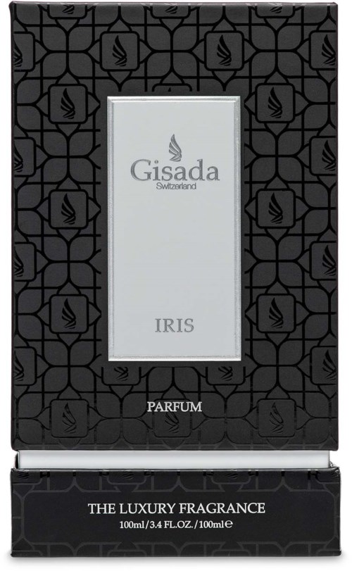 Zwarte doos met een witte label dat zegt Gisada Zwitserland en Iris. Het is een parfumcadeauset.