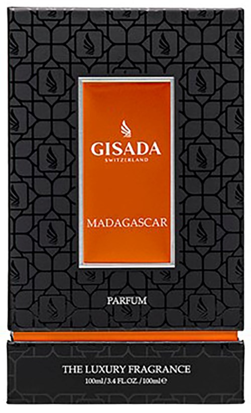 Een zwart doosje met oranje label zegt Gisada Madagascar parfum, luxe geur, 100 ml.