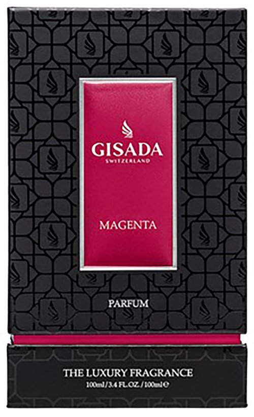 Een doos GIsada magenta parfum met zwarte decoratieve ontwerp, merknaam en beschrijving op de voorkant.
