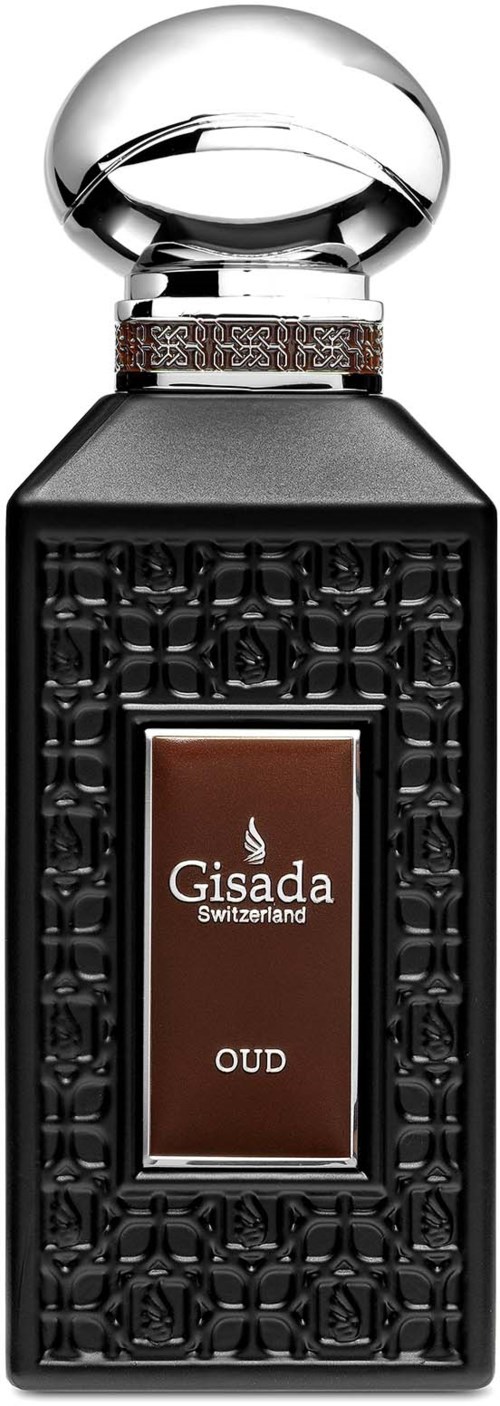 Decoratieve zwarte parfumfles met een zilveren deksel en een bruin label dat "Gisada Switzerland OUD" zegt.