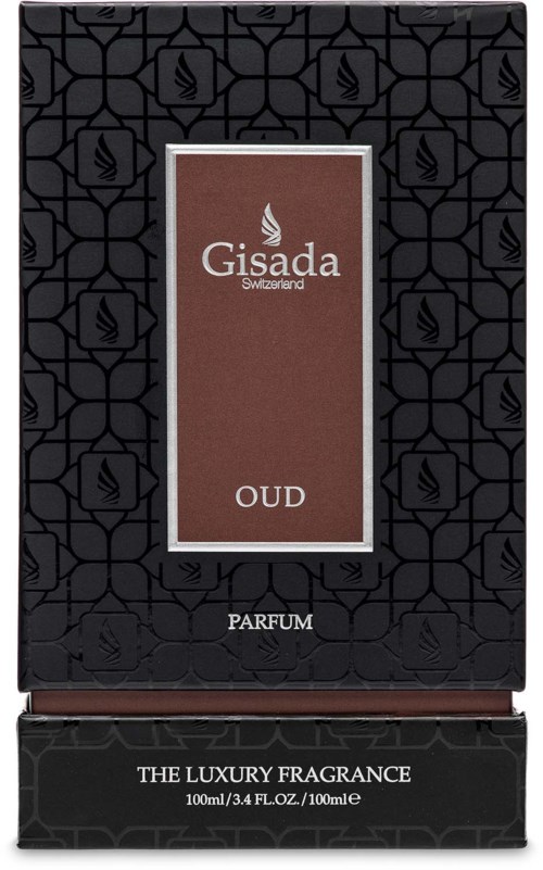 Een zwarte doos met een patroon op de achtergrond en een centrale label voor Gisada geur, gemarkeerd 'OUD' en 'parfum' onderaan.