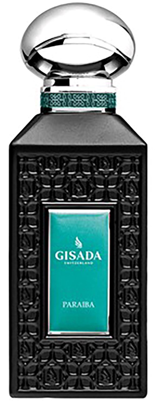 Een parfumfles met een ronde, glanzende dop, zwarte textuur, en een turquoise label met "Gisada Paraiba."