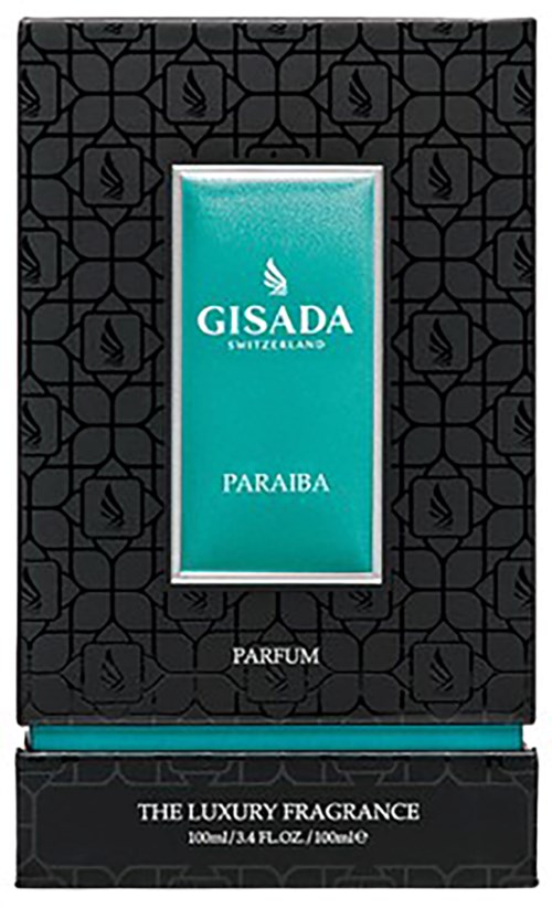 Een zwarte doos met een blauwe label toont Gisada Paraiba parfum, 100 ml, luxe geur.