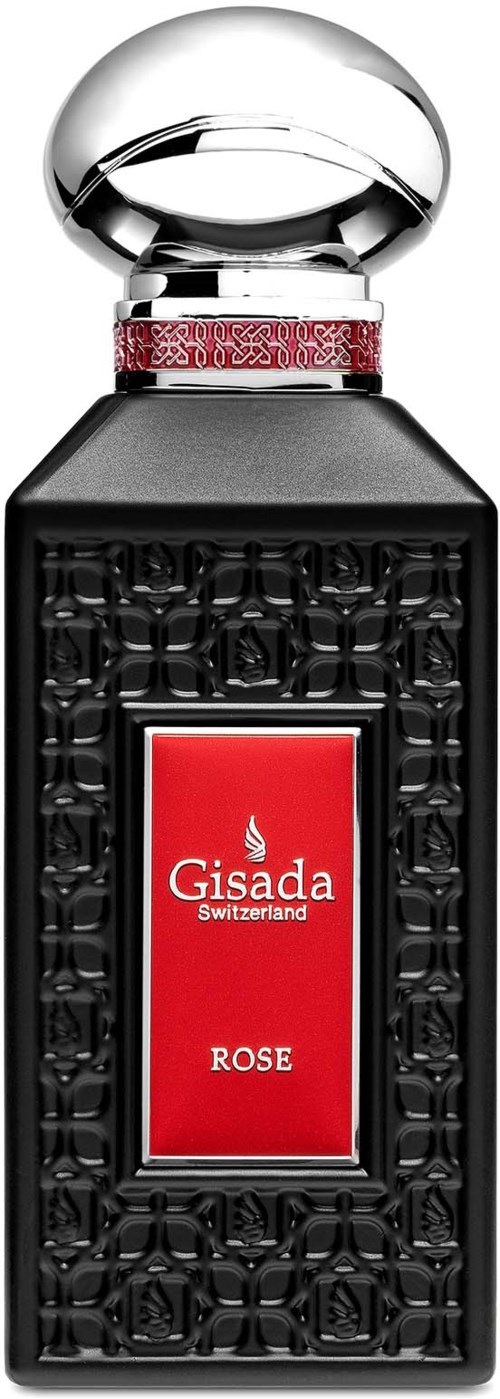 Een zwarte parfumfles met een zilveren dop en rood label met 'Gisada Switzerland ROSÉ'.