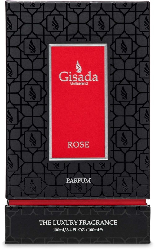 Een zwarte doos met een rood label die 'Gisada Switzerland' en 'ROSE' toont. Het is parfum, met elegant ontwerp en tekst.