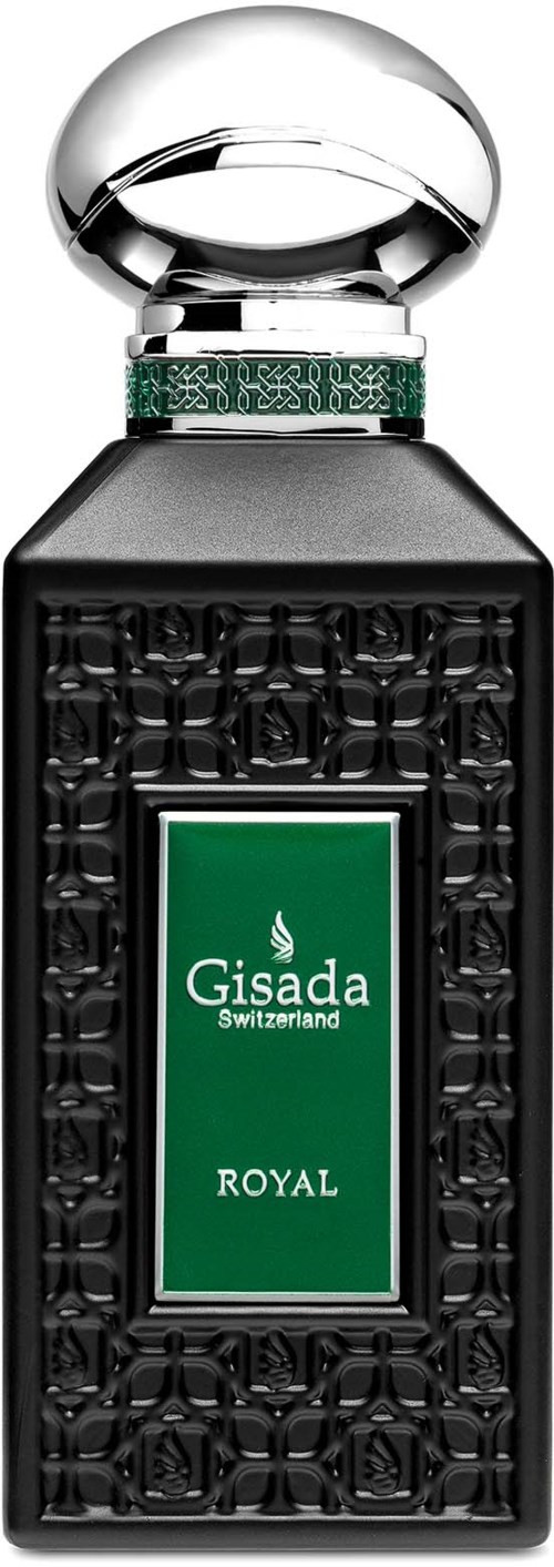 Een zwart rechthoekig parfumfles met ronde zilveren dop en groen label met tekst 'Gisada Switzerland Royal.'