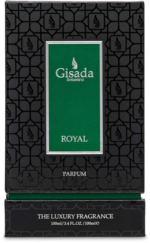 Een zwarte doos met zwarte patroonte achtergrond, groen wit label en witte tekst met Gisada Switzerland Royal Parfum.