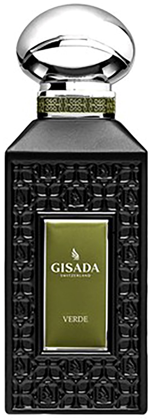 Het parfumflesje is zwart met een getextureerd patroon, een groen label en een glanzende ronde dop.