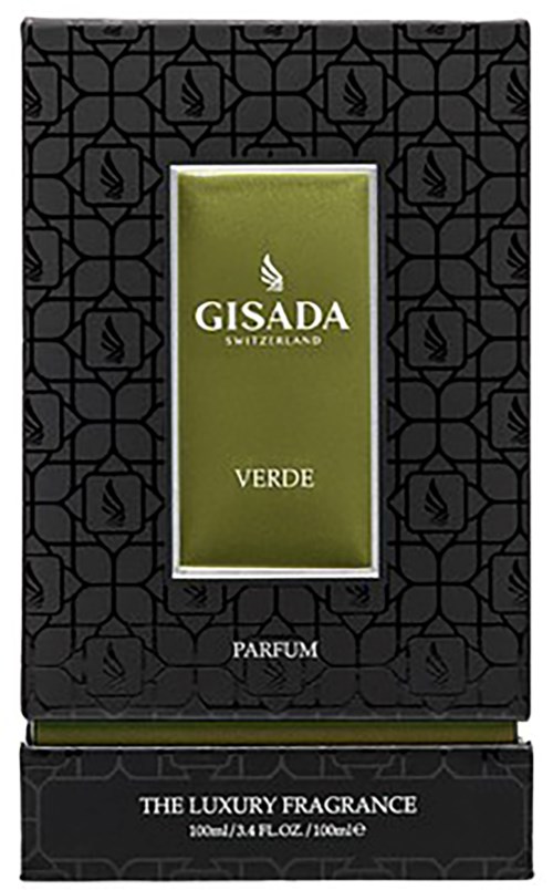 Een zwarte doos met een groen label waarop staat Gisada Zwitserland, Verde, en Parfum. Het is een luxe parfumdoos.