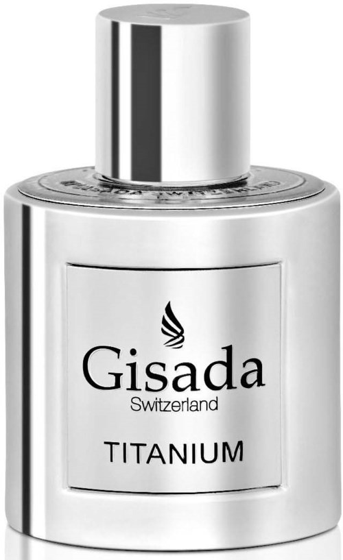 Een zilveren parfumfles met dop, gemerkt 'Gisada, Zwitserland, TITANIUM.'