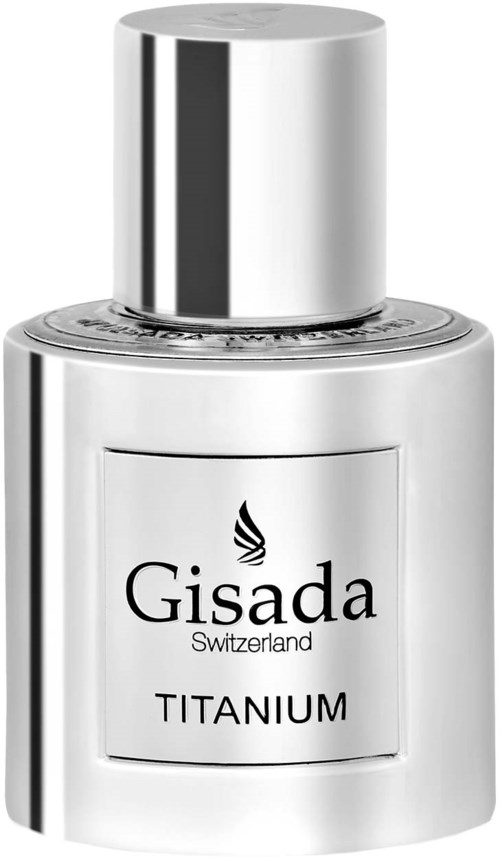 Een zilveren fles met een zwart-wit label dat zegt 'Gisada Zwitserland Titanium' en een glanzende dop.