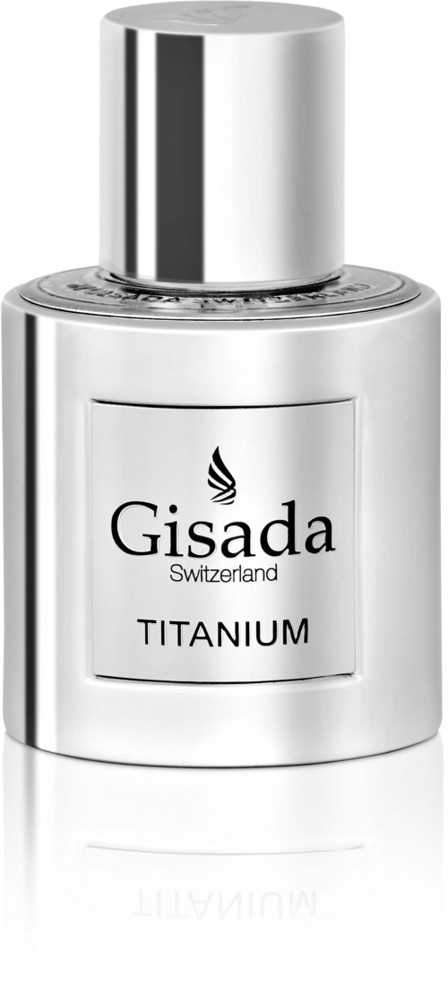 Een klein zilveren sprayflesje met een zwart-wit label zegt Gisada Switzerland Titanium.