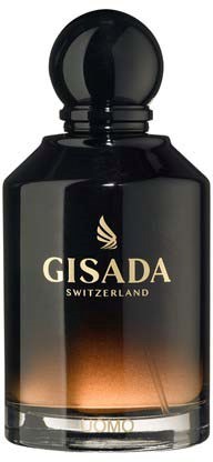 Een zwarte fles met een ronde bovenkant en gouden tekst die zegt 'GISADA SWITZERLAND'.