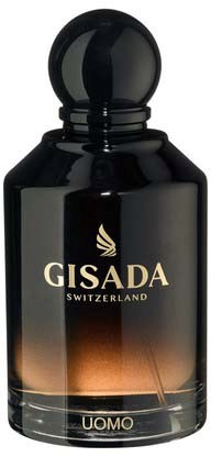 Een zwarte fles met goud en witte tekst, gelabeld Gisada Switzerland Uomo, waarschijnlijk een parfum of cologne.