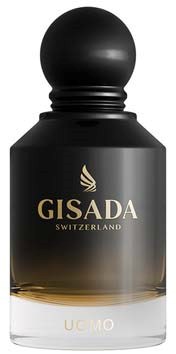 Musta ja harmaa hajuvesipullo, jossa on kultainen teksti 'GISADA SWITZERLAND.'