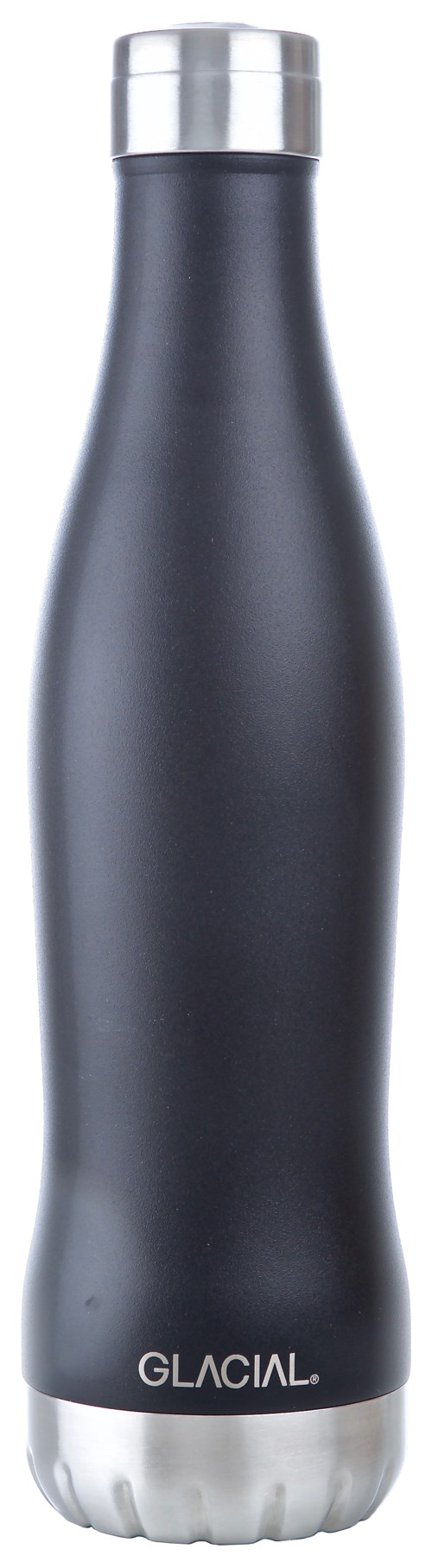 Eine lange, schwarze, elegante Wasserflasche mit silbernem Deckel und weißer Bodenverzierung, beschriftet 'GLACIAL'.