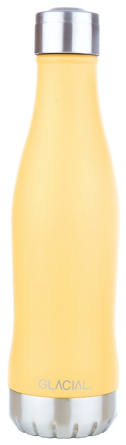 Eine gelbe Wasserflasche mit Silberkappen, schlankes langes Design, beschriftet 'GLACIAL'.