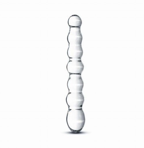 Ein senkrechtes Glasobjekt mit mehreren runden Abschnitten, schmal in der Mitte, ähnlich einer stilisierten Figur oder Turm.