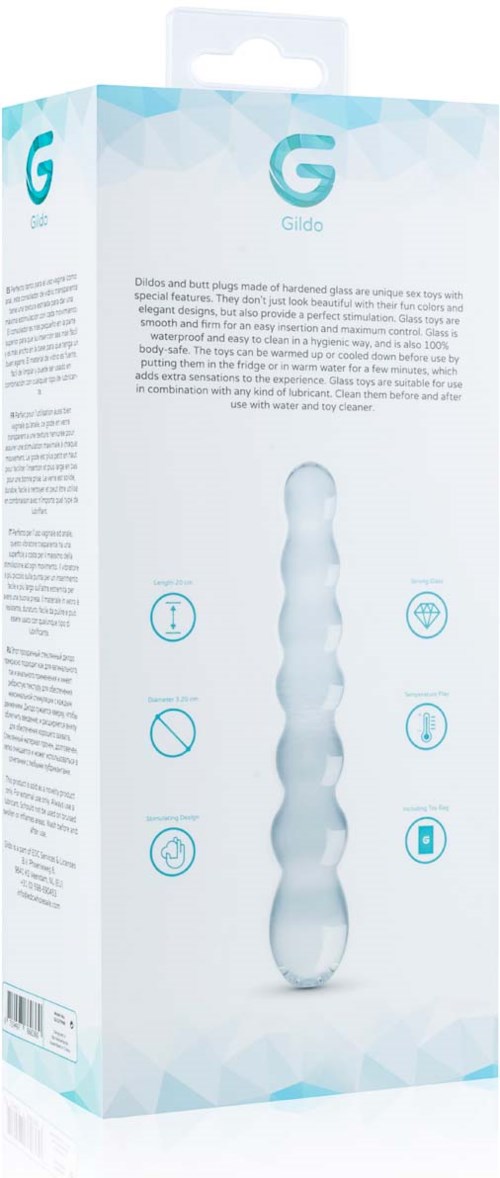Eine Schachtel mit einem langen, gedrehten, transparenten Objekt darin. Das Design ist blau und weiß, mit Symbolen und Text.