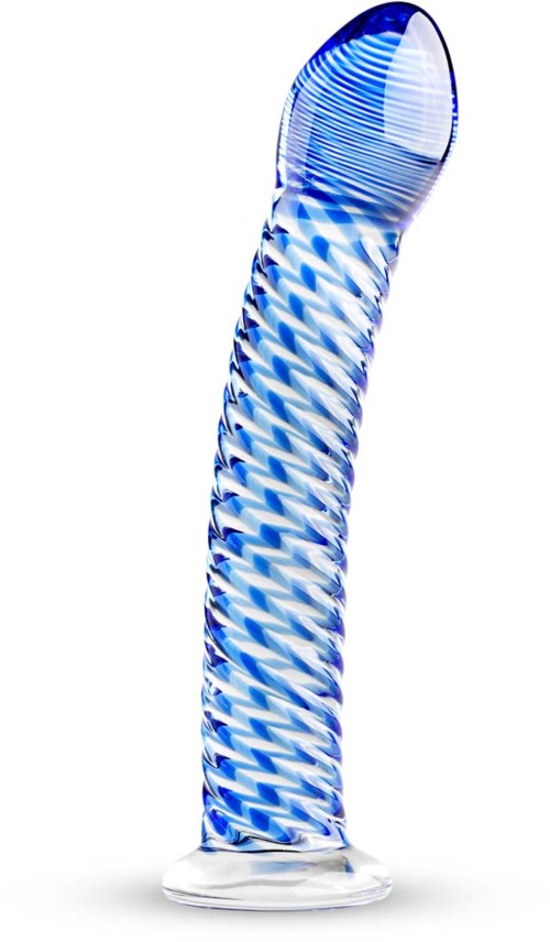 Eine Glaskunst mit blau-weißen Spiralmuster, bogenförmige Form und detaillierter Textur. Es steht aufrecht.
