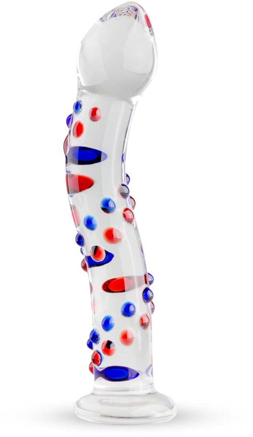 Ein Glasmasturbator mit roten und blauen Punkten, gebogener Form und abgerundetem Ende.