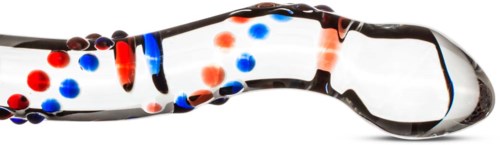 Ein gläserner Reagenzglas liegt horizontal mit roten und blauen Punkten innen und weißem Hintergrund.