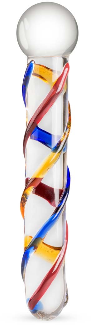 Ein Glasobjekt mit bunten Streifen, Spiraldesign, runder Oberseite und langer, dünner Form.