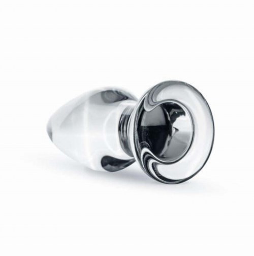 Ein Glasobjekt, das wie eine kleine Flasche oder Behälter aussieht, mit runder Öffnung und dekorativen Spiralen.