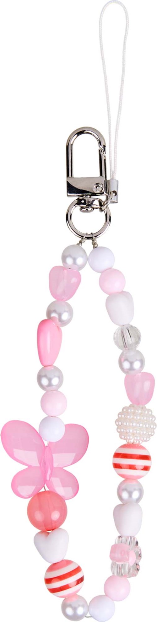 Een roze en witte kralenhanger met een Vlinder, bevestigd aan een wit touw met metaalclip.