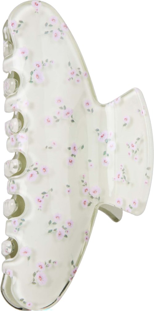 Een witte bloemenhaarclip met kleine roze en groene bloemen en golvende randen.