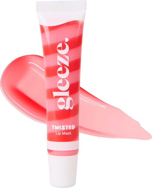 Een tube met het label Gleezed Twisted Lip Mask naast een roze hartvormige saus van lippenmasker.