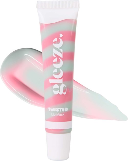 Een tube lipmasker met roze en groene strepen, gemarkeerd Gleezed Twisted Lip Mask, naast een hartvormige gel.