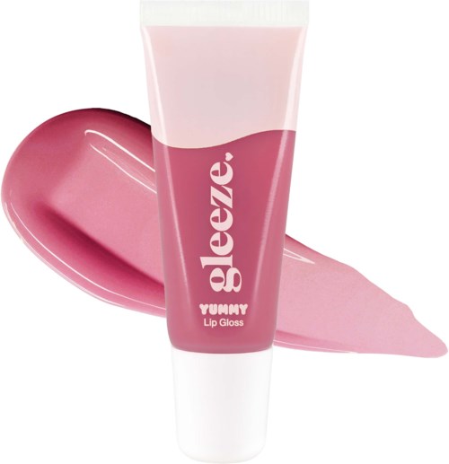 Pink läppglansrör med en glansskura och en etikett som säger Yummy Lip Gloss.