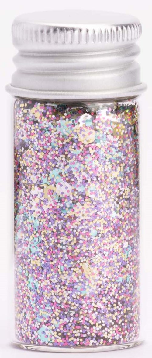 Kleine Flasche gefüllt mit buntem Glitzer und Sternkonfetti.