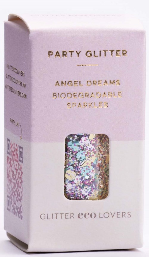 Verpackung mit biologisch abbaubarem Glitter namens 'Party Glitter' mit buntem, funkelndem Design, für umweltfreundliche Partys.
