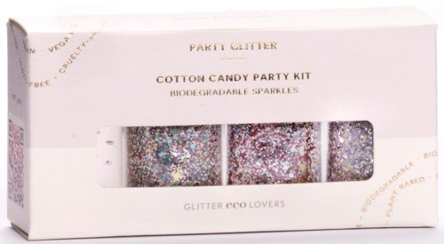 Eine Box mit drei Gläsern Glitzer für Partys, als biologisch abbaubar und umweltfreundlich gekennzeichnet.